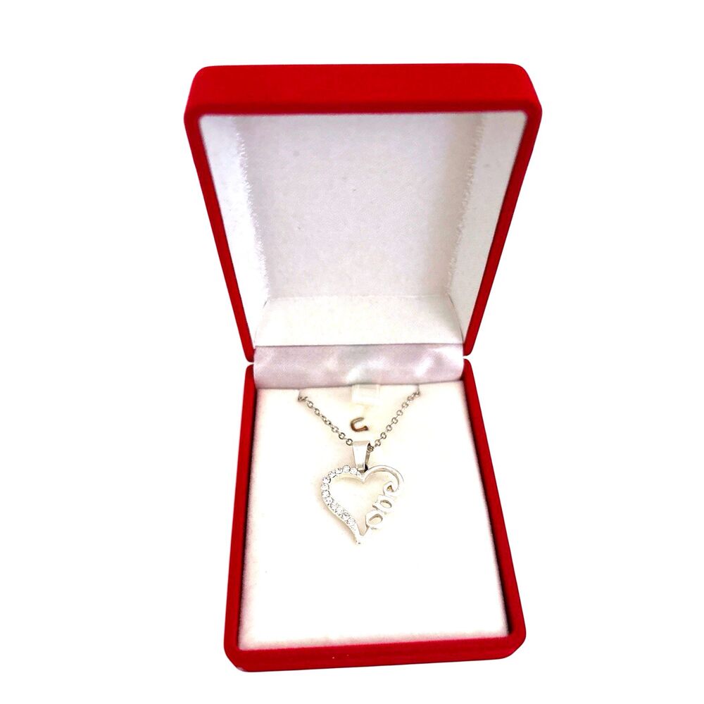 Bamoer Silver Tone Heart Love Pendant Necklace Cz in Faux Velvet Red Gift Box